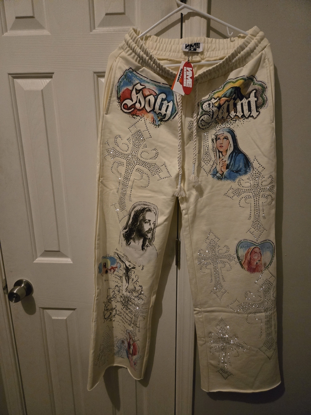NME Cream Graphic Rhinestone Sweatpants  Fits Like Perfect Large Leaving Thur